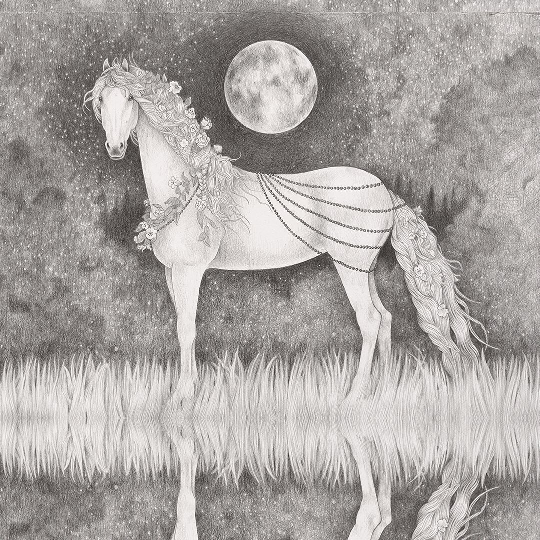 Mirage, pencil on paper.
Horses have been amazing friends to me. My own mare, little fierce Cobra passed away five years ago.
.
.
One memory stays in my mind: how we communicated through thoughts. I rode her in the forest often without a saddle, and 